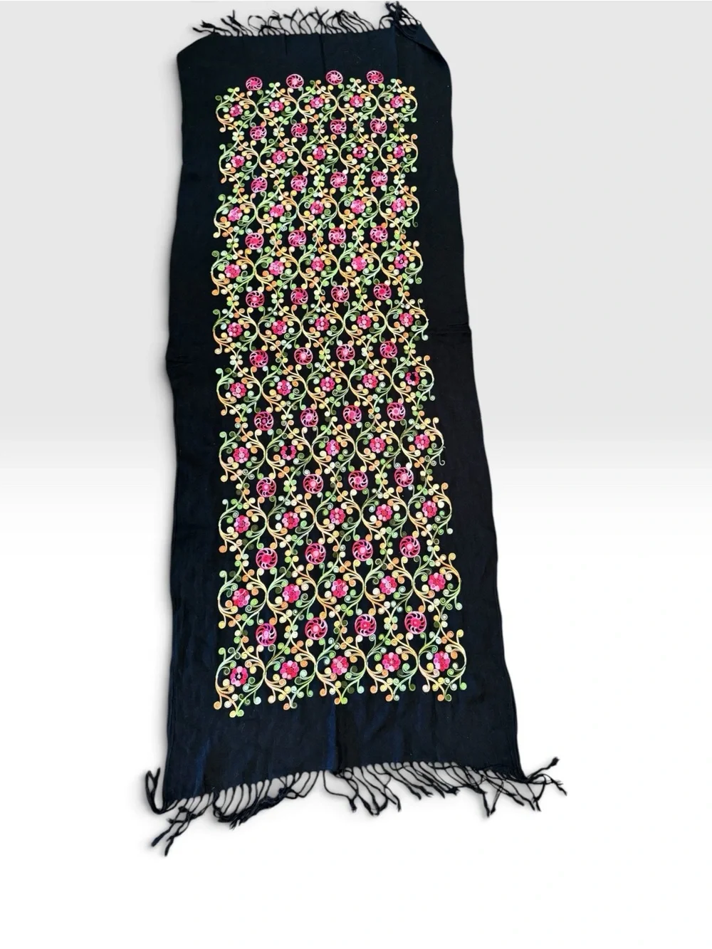 Embroidered Floral Fringe Scarf - Black with Pink & Green